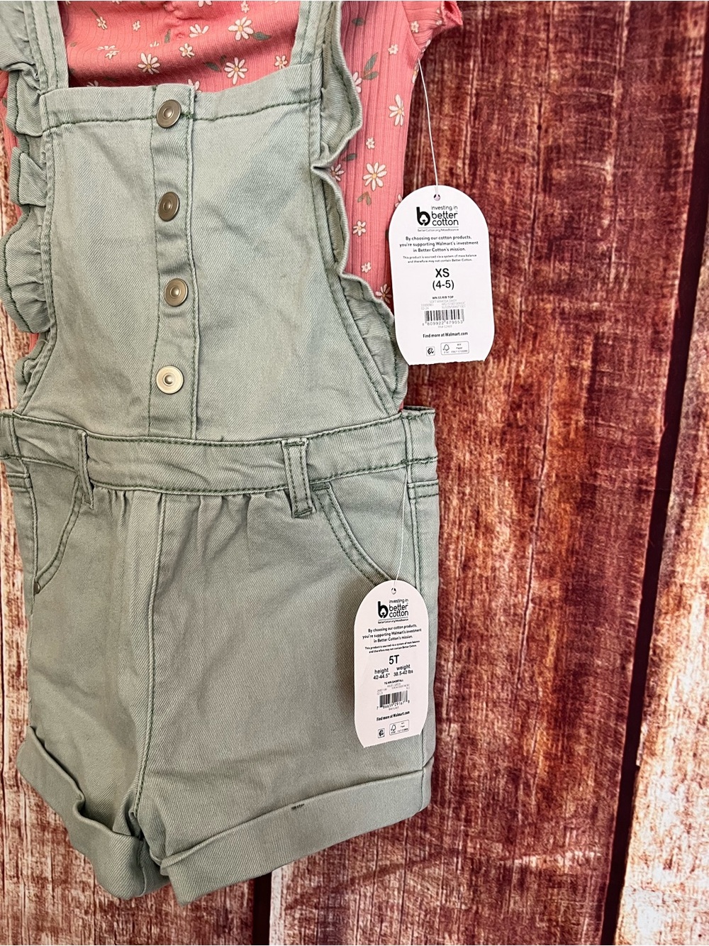 Wonder Nation | Sage Green Denim Shortall with Pink Floral Tee - Picture 3 of 9